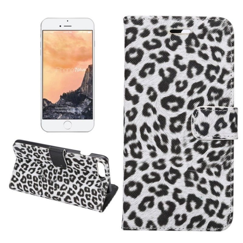 Leren Hoesje voor iPhone 7 Plus / 8 Plus Lichtbruin Wit Luipaard