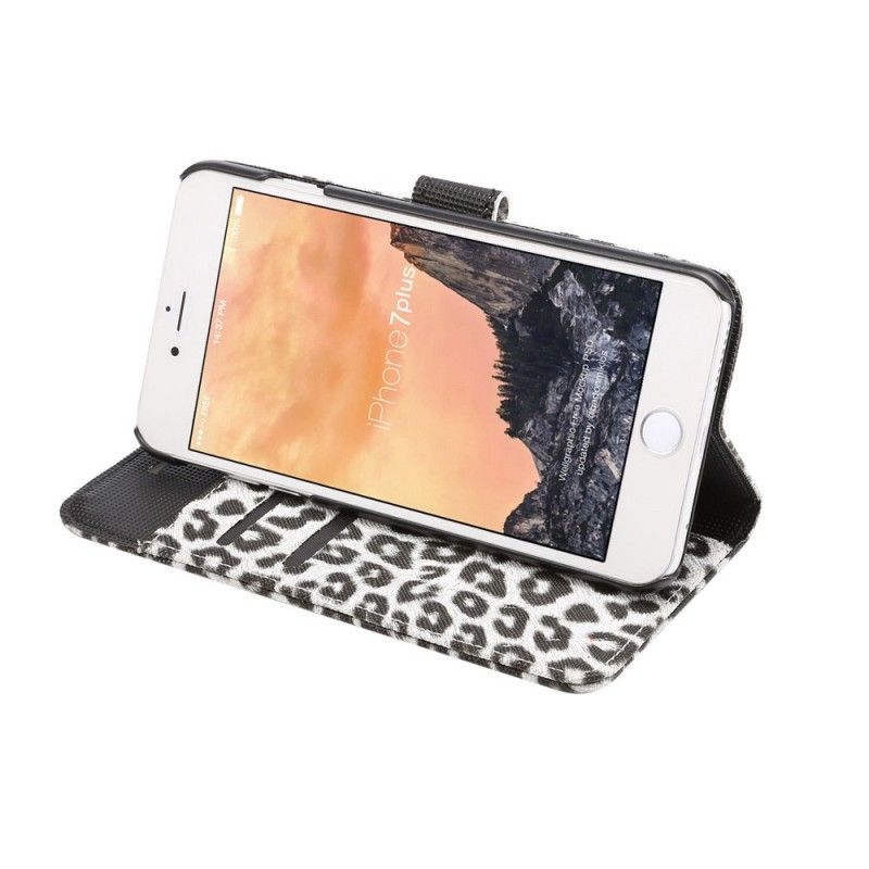 Leren Hoesje voor iPhone 7 Plus / 8 Plus Lichtbruin Wit Luipaard