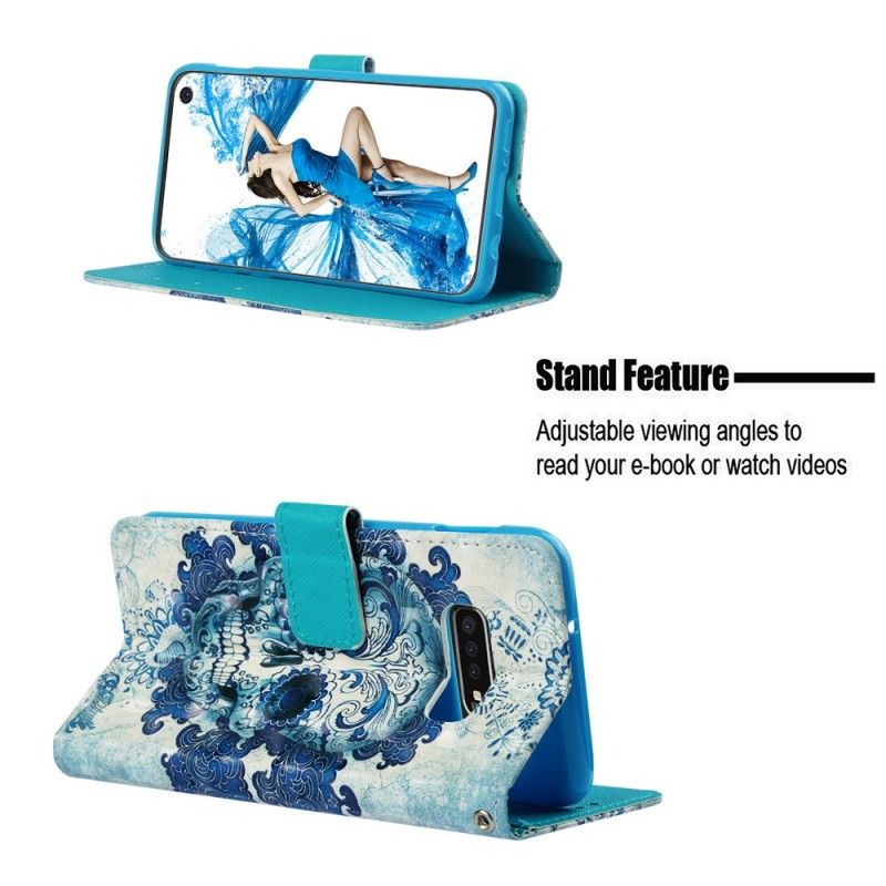 Leren Hoesje Samsung Galaxy S10e Telefoonhoesje Blauwe Schedel