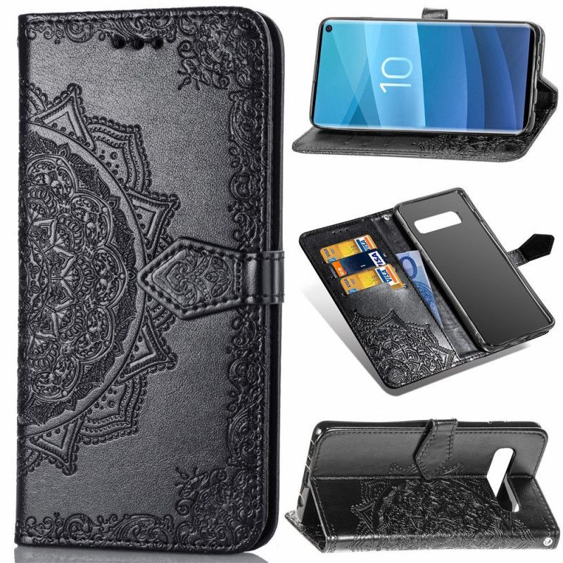 Leren Hoesje voor Samsung Galaxy S10e Grijs Zwart Mandala Van Middelbare Leeftijd