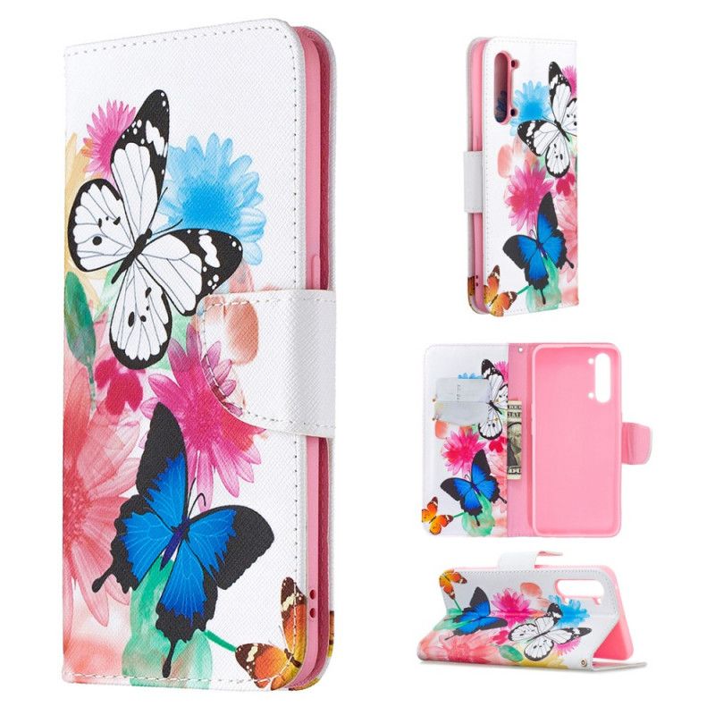 Flip Case Leren Oppo Find X2 Lite Lichtblauw Magenta Geschilderde Vlinders En Bloemen