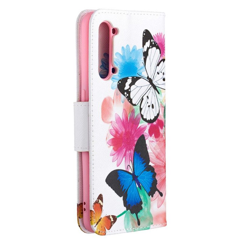 Flip Case Leren Oppo Find X2 Lite Lichtblauw Magenta Geschilderde Vlinders En Bloemen