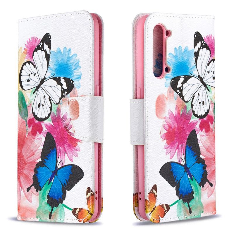 Flip Case Leren Oppo Find X2 Lite Lichtblauw Magenta Geschilderde Vlinders En Bloemen