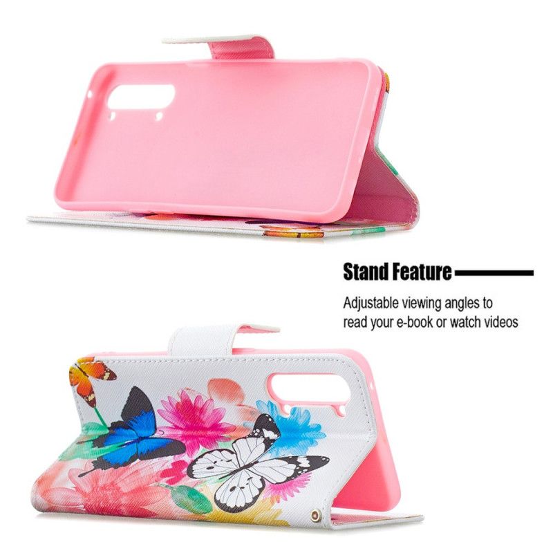 Flip Case Leren Oppo Find X2 Lite Lichtblauw Magenta Geschilderde Vlinders En Bloemen