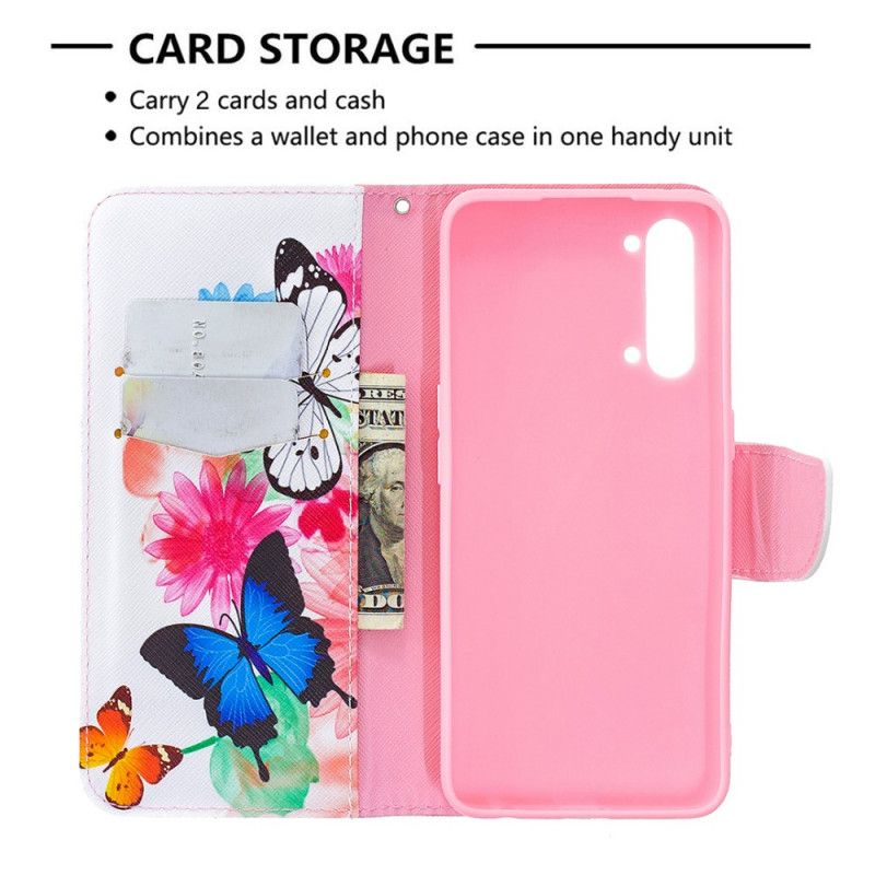 Flip Case Leren Oppo Find X2 Lite Lichtblauw Magenta Geschilderde Vlinders En Bloemen