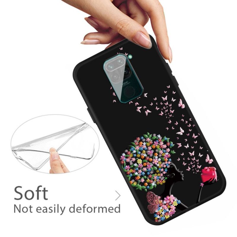 Hoesje Xiaomi Redmi Note 9 Telefoonhoesje Vrouw Met Een Bloemig Hoofd