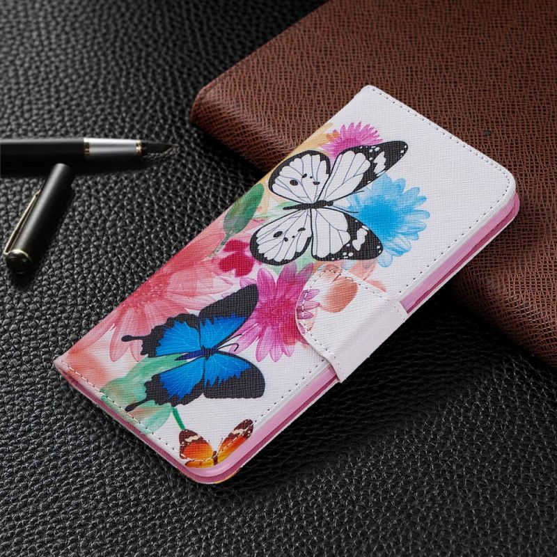 Leren Hoesje Xiaomi Redmi Note 9 Lichtblauw Magenta Geschilderde Vlinders En Bloemen
