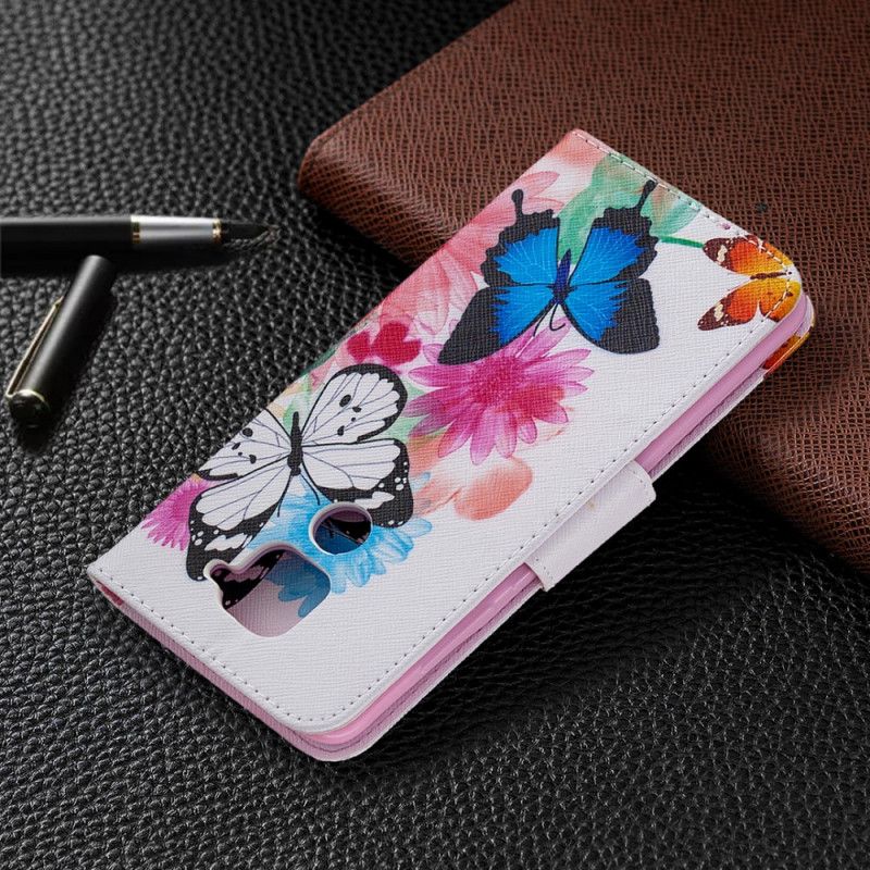 Leren Hoesje Xiaomi Redmi Note 9 Lichtblauw Magenta Geschilderde Vlinders En Bloemen