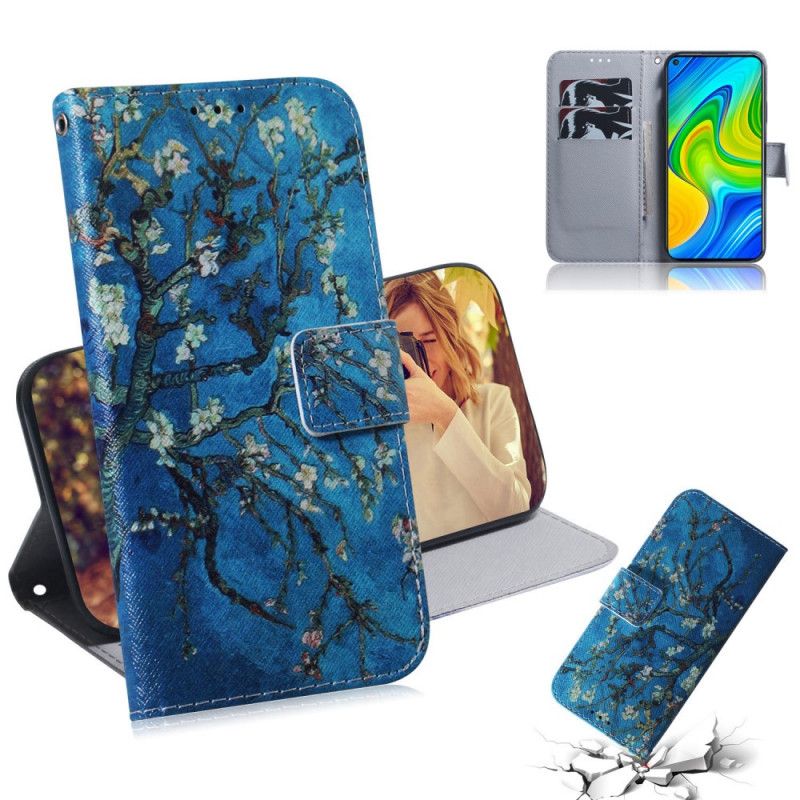 Leren Hoesje Xiaomi Redmi Note 9 Telefoonhoesje Bloeiende Boom Blauwe Achtergrond