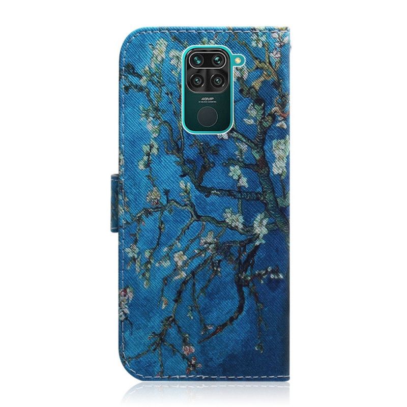 Leren Hoesje Xiaomi Redmi Note 9 Telefoonhoesje Bloeiende Boom Blauwe Achtergrond