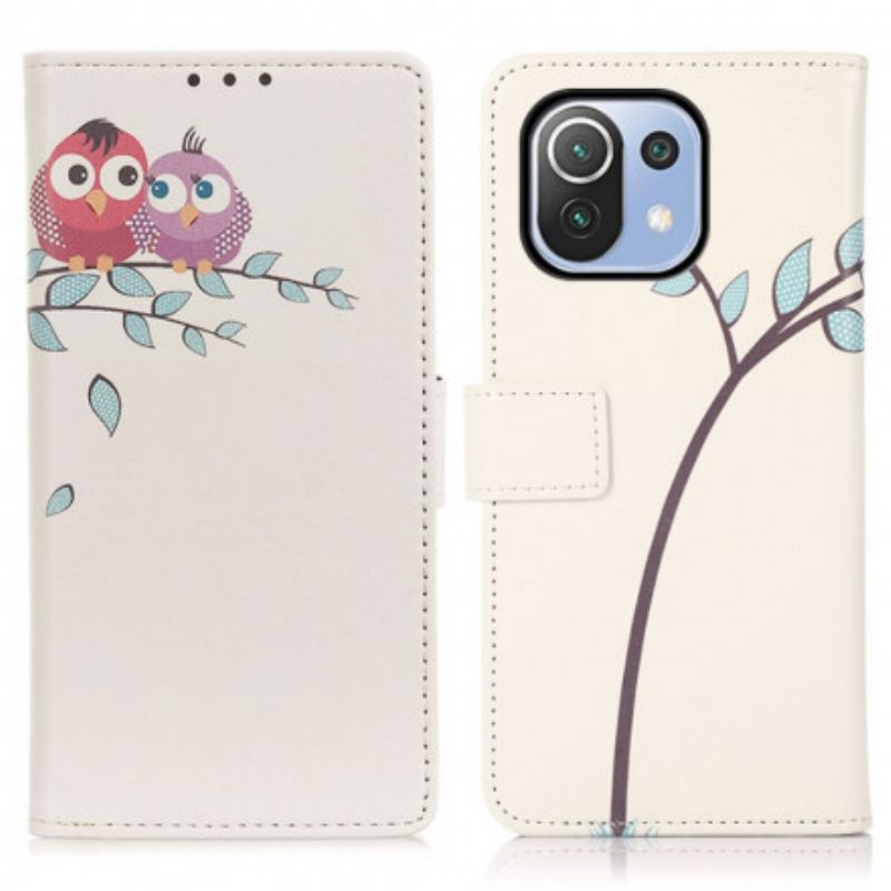 Leren Hoesje Voor Xiaomi Mi 11 Lite 5g Ne / Mi 11 Lite 4g / 5g Paar Uilen In De Boom