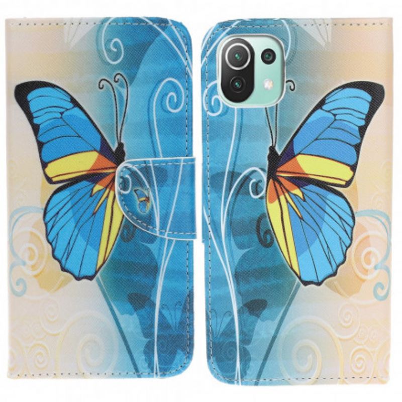 Leren Hoesje Xiaomi Mi 11 Lite 5g Ne / Mi 11 Lite 4g / 5g Blauwe En Gele Vlinder