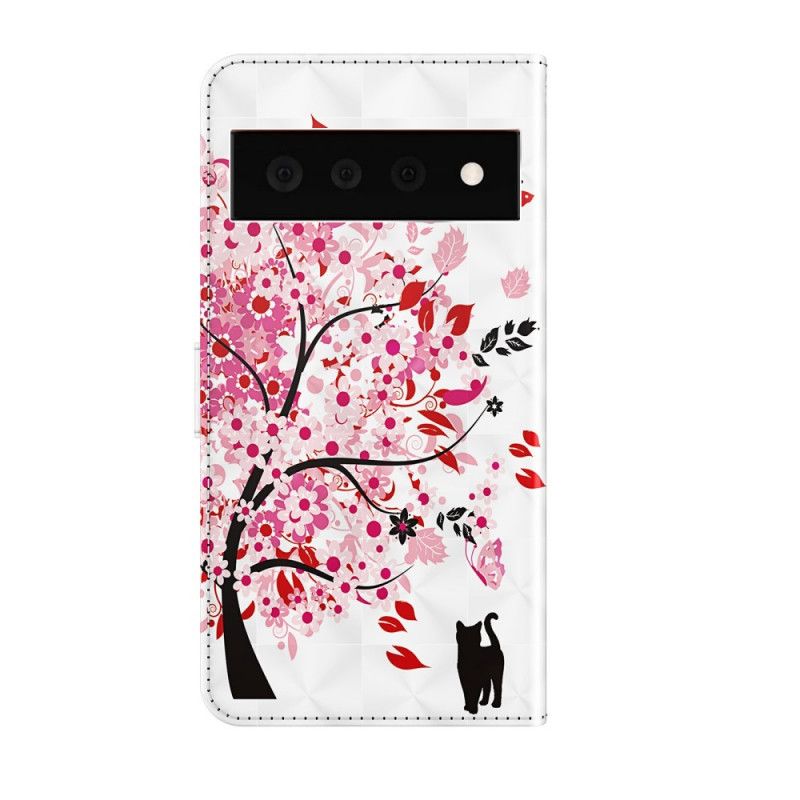 Folio-hoesje Google Pixel 6 Pro Telefoonhoesje Roze Boom En Zwarte Kat