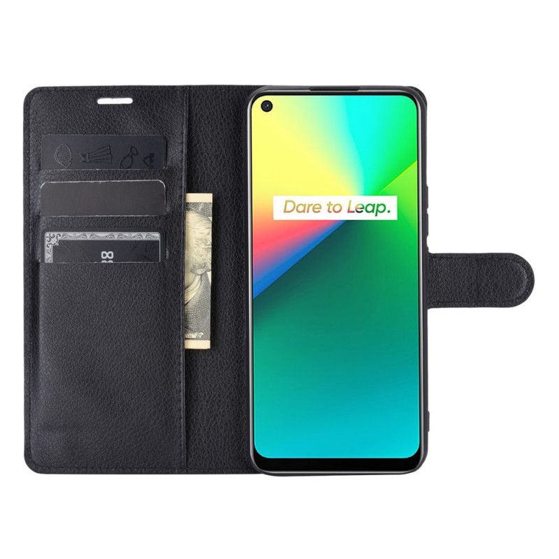 Leren Hoesje Realme 7i Wit Zwart Klassiek Lychee-Effect