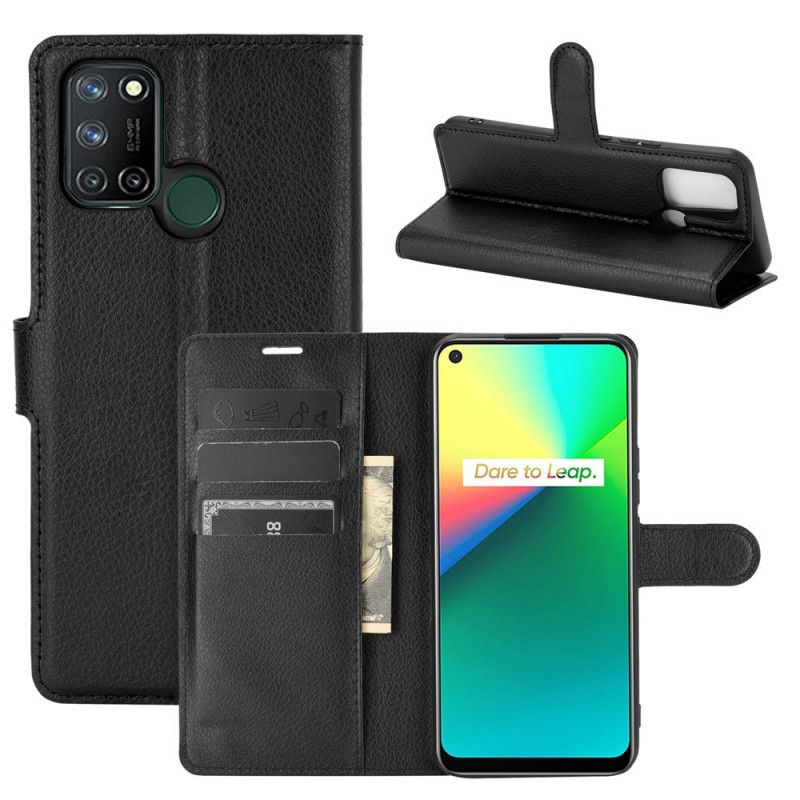 Leren Hoesje Realme 7i Wit Zwart Klassiek Lychee-Effect