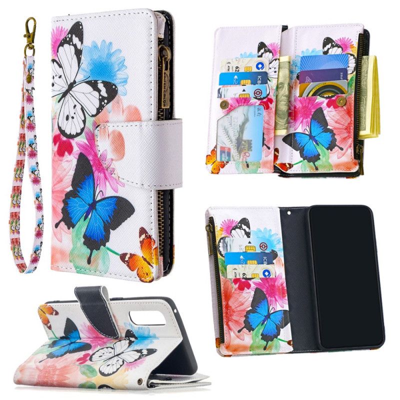 Bescherming Hoesje Oppo Find X2 Neo Donkerblauw Wit Vlinderzak Met Ritssluiting