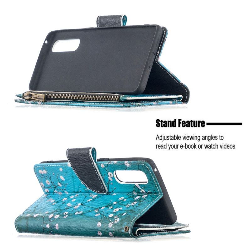 Leren Hoesje Oppo Find X2 Neo Donkerblauw Wit Boomzak Met Ritssluiting
