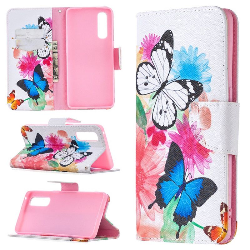 Leren Hoesje Oppo Find X2 Neo Lichtblauw Magenta Geschilderde Vlinders En Bloemen