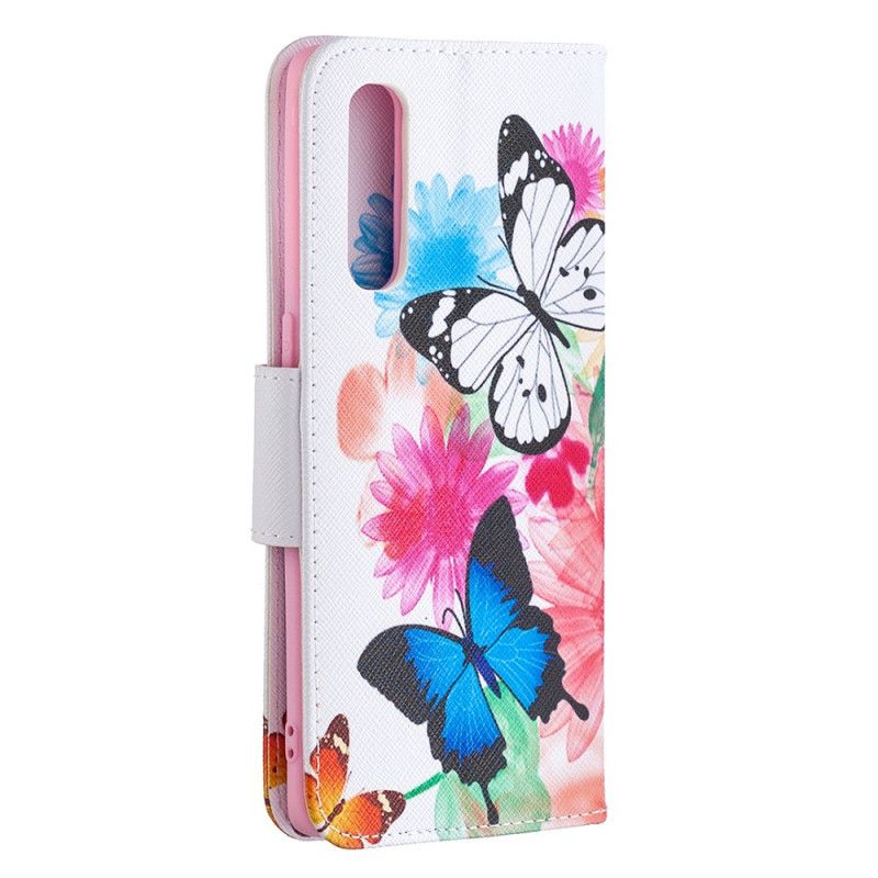 Leren Hoesje Oppo Find X2 Neo Lichtblauw Magenta Geschilderde Vlinders En Bloemen