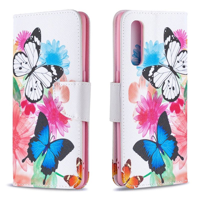 Leren Hoesje Oppo Find X2 Neo Lichtblauw Magenta Geschilderde Vlinders En Bloemen