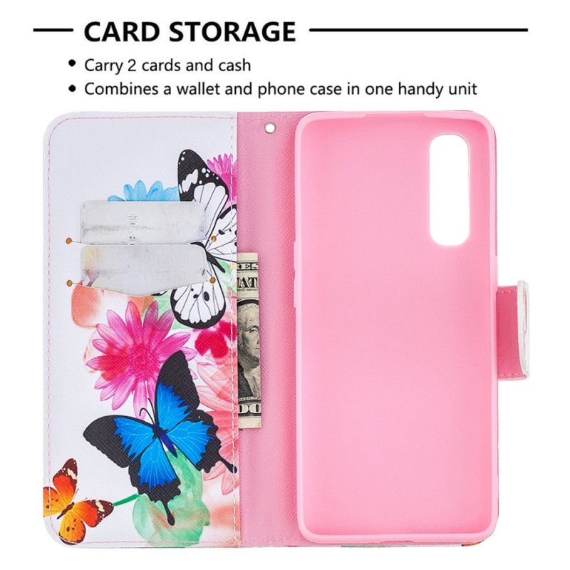 Leren Hoesje Oppo Find X2 Neo Lichtblauw Magenta Geschilderde Vlinders En Bloemen
