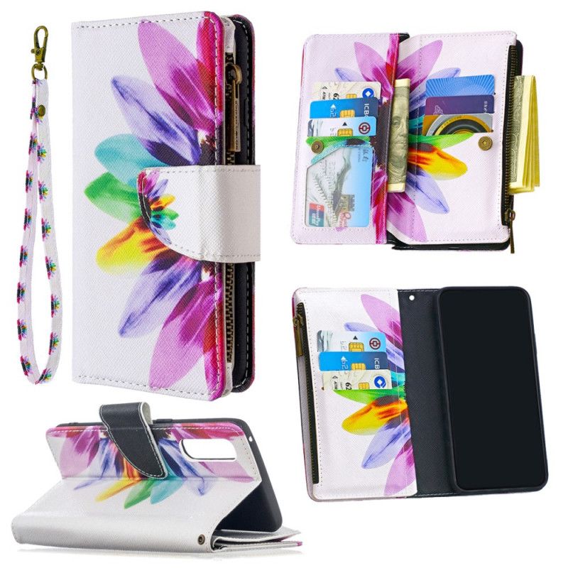 Leren Hoesje Oppo Find X2 Neo Wit Zwart Telefoonhoesje Bloemenvak Met Ritssluiting