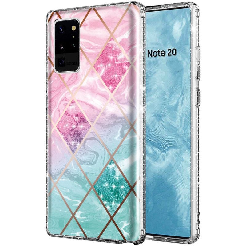 Hoesje Samsung Galaxy Note 20 Ultra Cyaan Roze Marmeren Glitter In Tegels