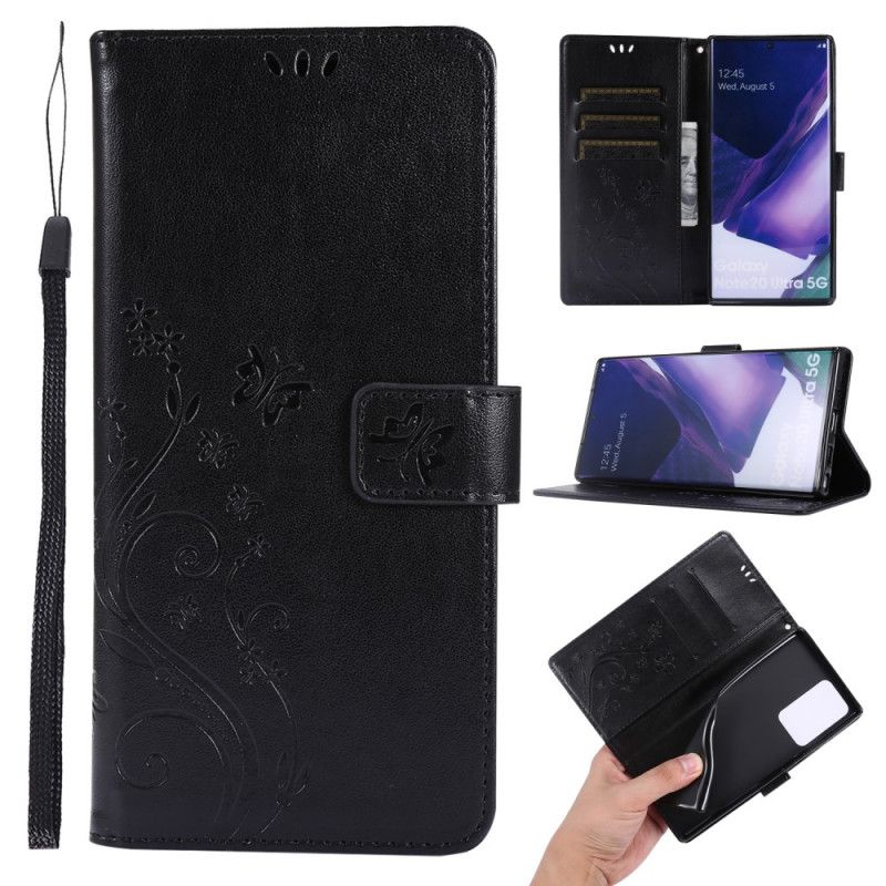 Leren Hoesje Samsung Galaxy Note 20 Ultra Grijs Zwart Vlinders In De Wind