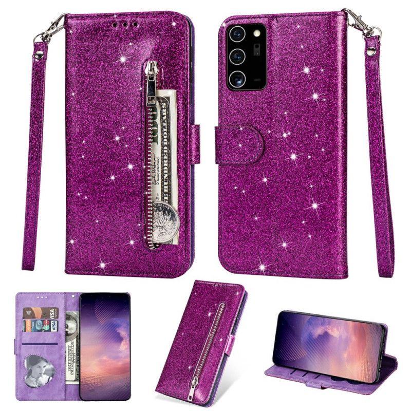 Leren Hoesje Samsung Galaxy Note 20 Ultra Magenta Zwart Portemonnee Met Glitter