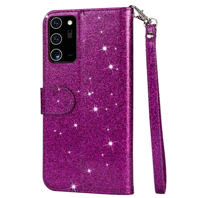 Leren Hoesje Samsung Galaxy Note 20 Ultra Magenta Zwart Portemonnee Met Glitter