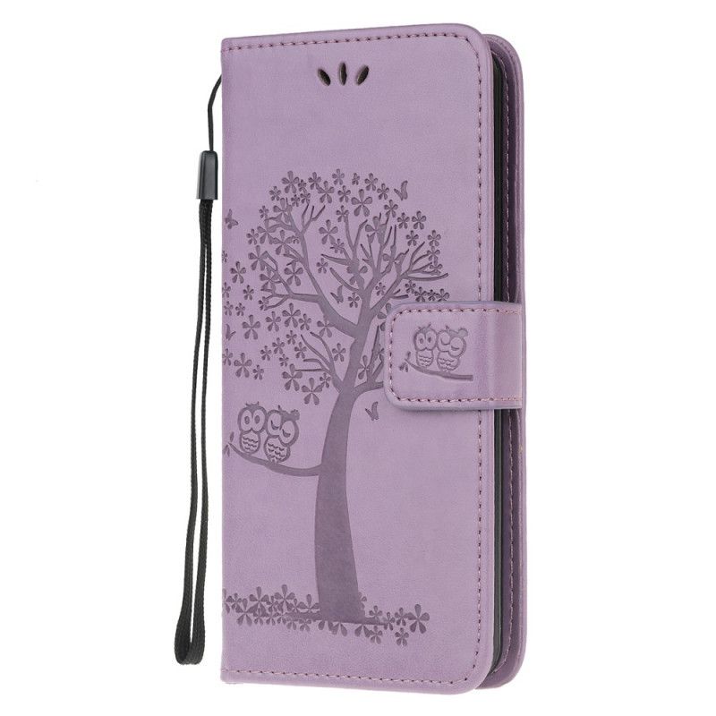 Leren Hoesje voor Samsung Galaxy Note 20 Ultra Grijs Zwart Boom En String Uilen