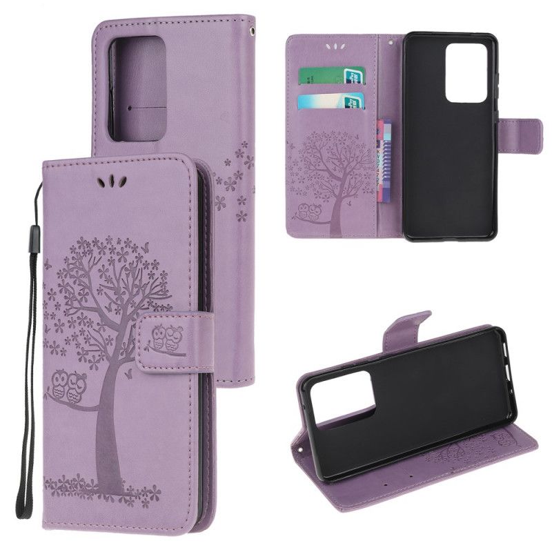 Leren Hoesje voor Samsung Galaxy Note 20 Ultra Grijs Zwart Boom En String Uilen