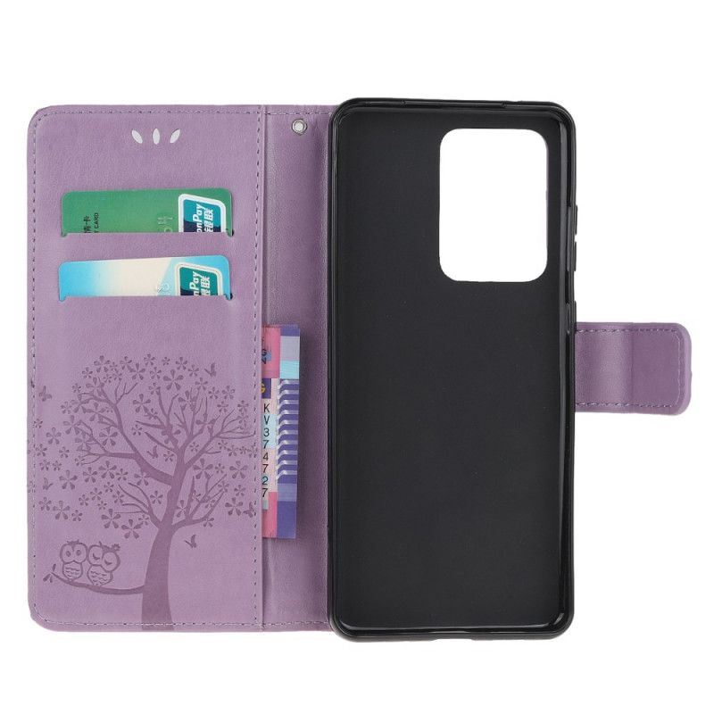 Leren Hoesje voor Samsung Galaxy Note 20 Ultra Grijs Zwart Boom En String Uilen