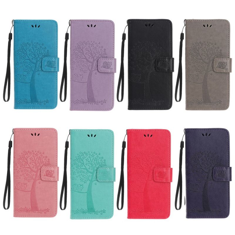 Leren Hoesje voor Samsung Galaxy Note 20 Ultra Grijs Zwart Boom En String Uilen