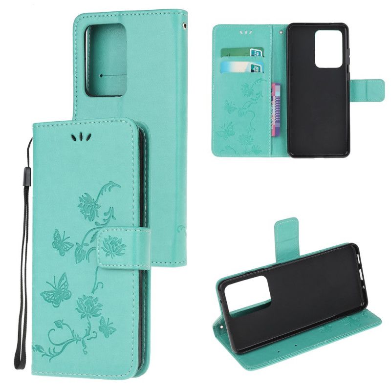 Leren Hoesje voor Samsung Galaxy Note 20 Ultra Grijs Zwart Vlinders En Stringbloemen