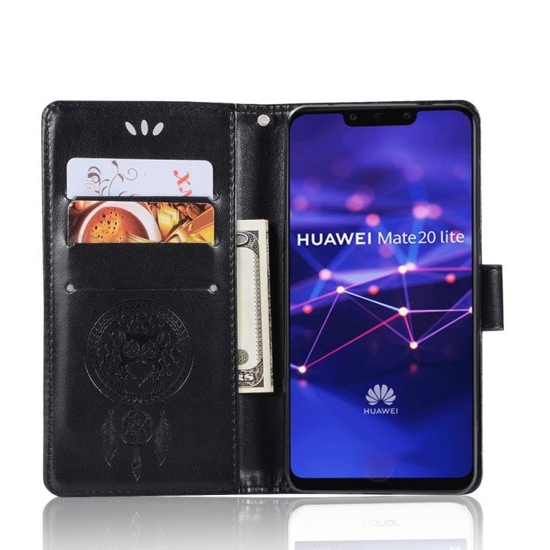 Leren Hoesje Huawei Mate 20 Lite Zwart Uil Dromenvanger Met Leereffect