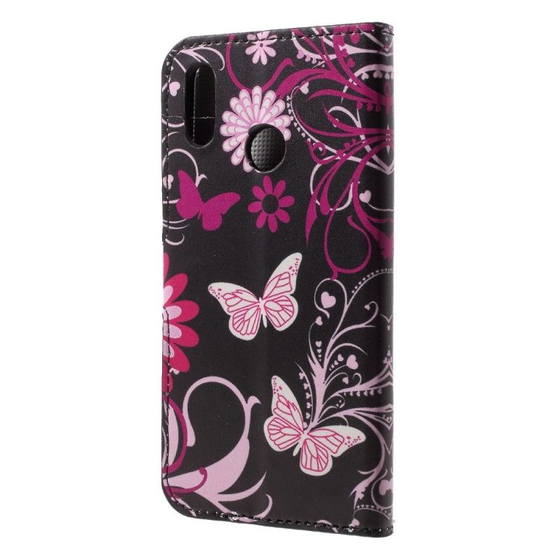 Flip Case Leren Huawei P20 Lite Wit Zwart Vlinders En Bloemen