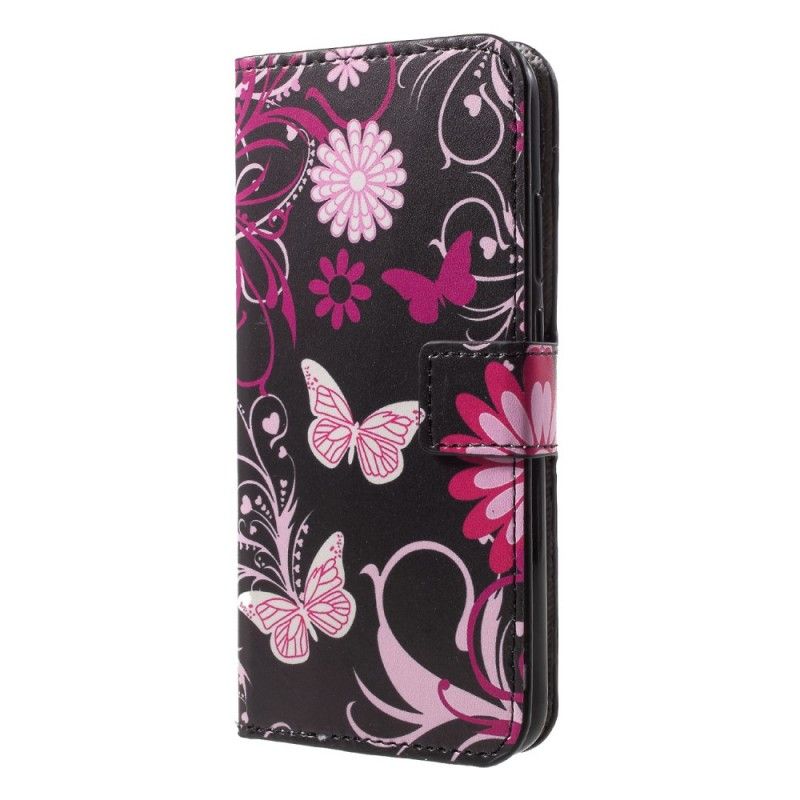 Flip Case Leren Huawei P20 Lite Wit Zwart Vlinders En Bloemen