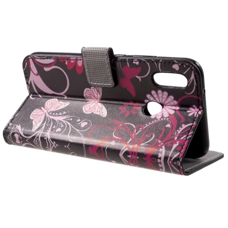 Flip Case Leren Huawei P20 Lite Wit Zwart Vlinders En Bloemen