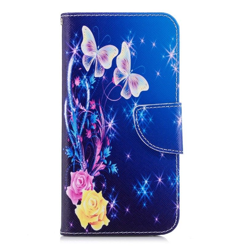 Leren Hoesje Huawei P20 Lite Lichtblauw Roze Vlinders In De Nacht