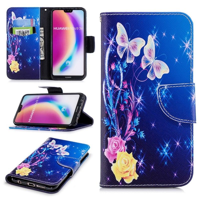 Leren Hoesje Huawei P20 Lite Lichtblauw Roze Vlinders In De Nacht