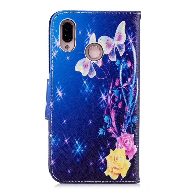 Leren Hoesje Huawei P20 Lite Lichtblauw Roze Vlinders In De Nacht