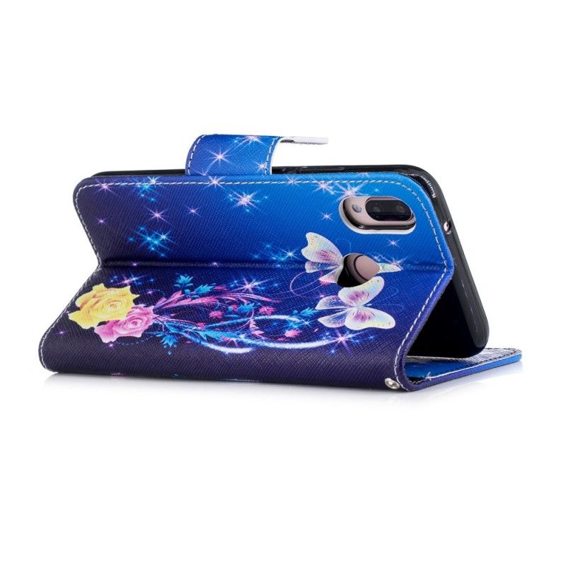 Leren Hoesje Huawei P20 Lite Lichtblauw Roze Vlinders In De Nacht