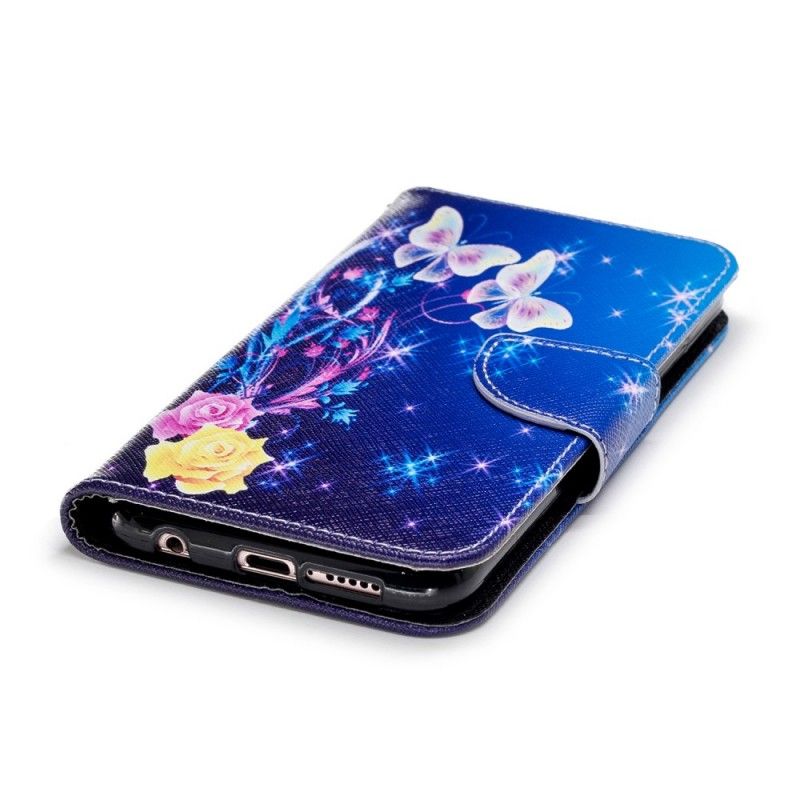Leren Hoesje Huawei P20 Lite Lichtblauw Roze Vlinders In De Nacht