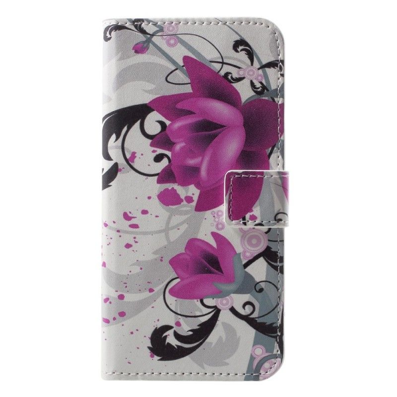 Leren Hoesje Huawei P20 Lite Roze Magenta Telefoonhoesje Tropische Bloemen