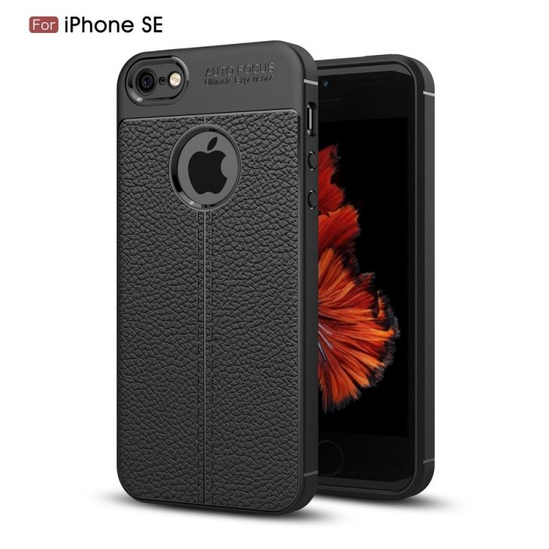 Hoesje voor iPhone 5 / 5S / SE Grijs Zwart Dubbellijns Lychee Leereffect