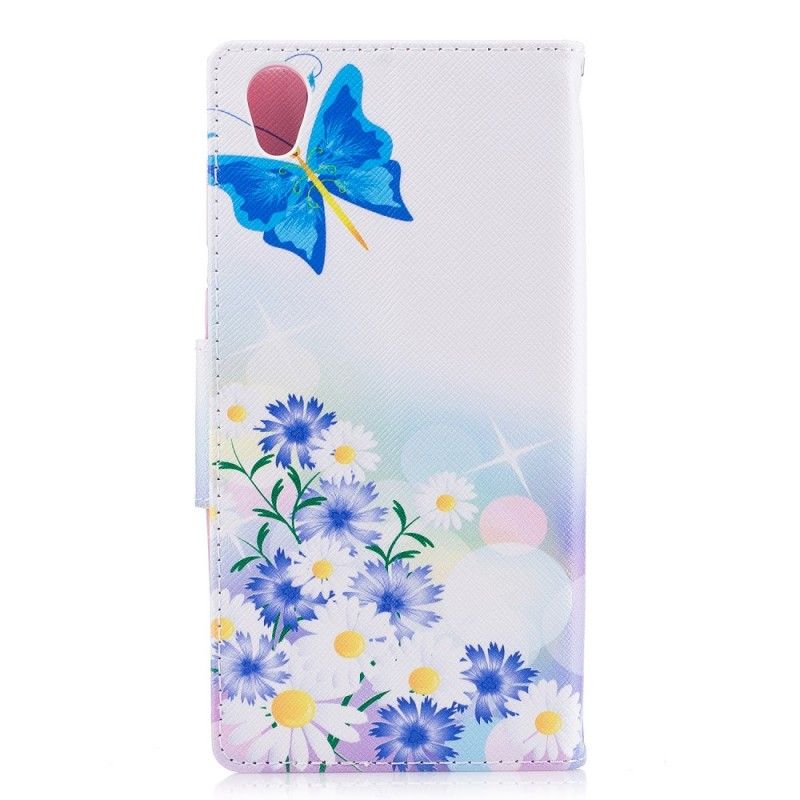 Leren Hoesje voor Sony Xperia L1 Lichtblauw Roze Geschilderde Vlinders En Bloemen