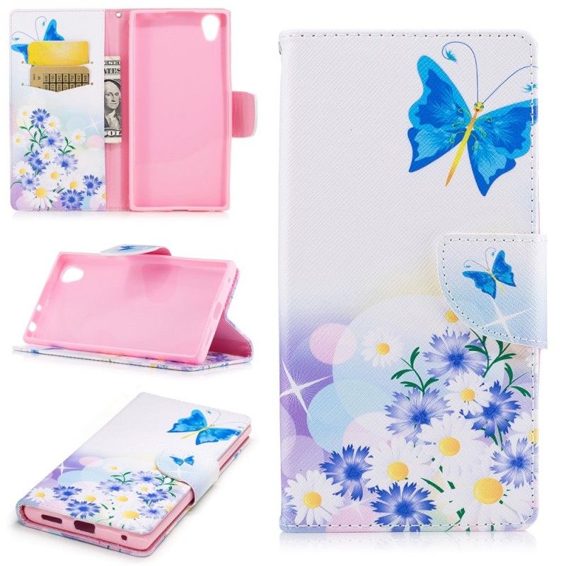 Leren Hoesje voor Sony Xperia L1 Lichtblauw Roze Geschilderde Vlinders En Bloemen