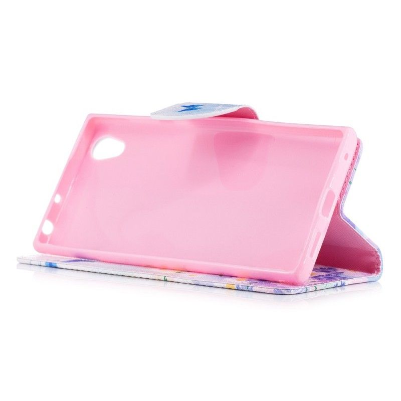 Leren Hoesje voor Sony Xperia L1 Lichtblauw Roze Geschilderde Vlinders En Bloemen