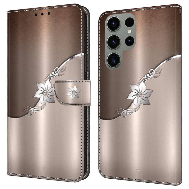 Leren Hoesje Voor Samsung Galaxy S24 Ultra 5g Zilveren Bloem